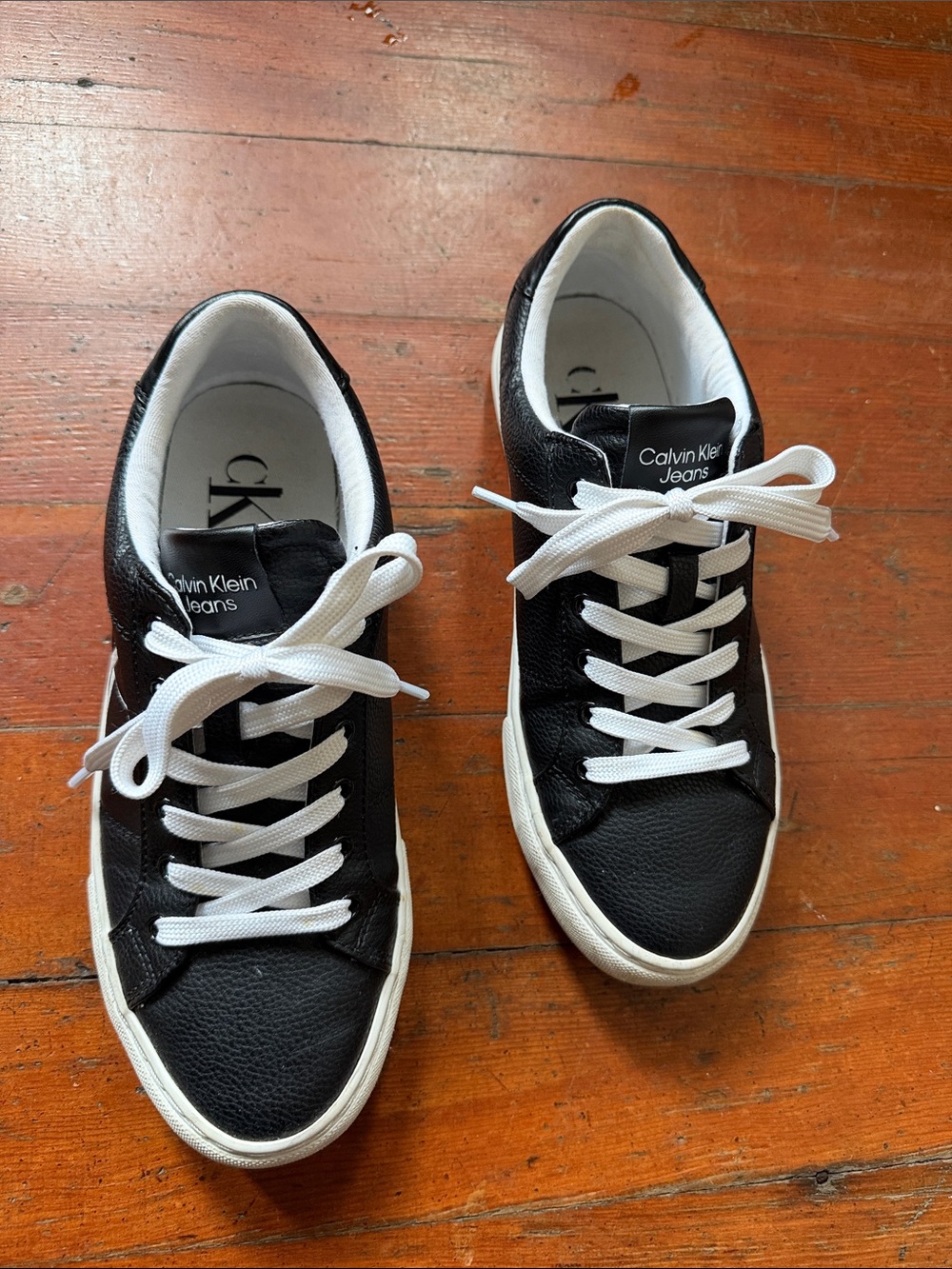 Calvin Klein Jeans Black Leather Low-Top Sneakers with White Laces